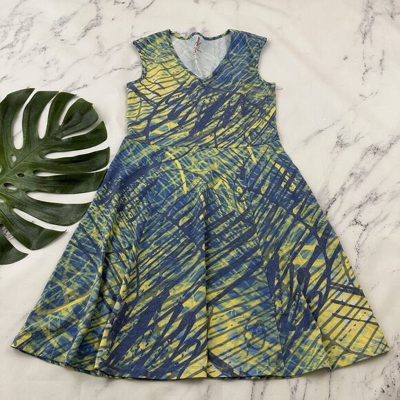 Krimson Klover Ripple Effect Dress Size M New Yellow Blue Fit Flare Geometric - Picture 1 of 10